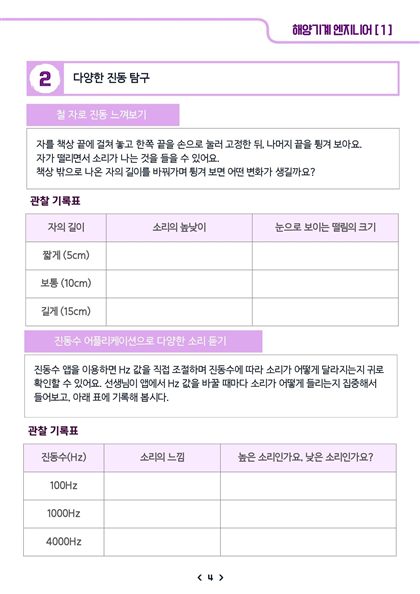 자의 길이와 진동수에 따른 소리를 관찰하는 기록표 페이지